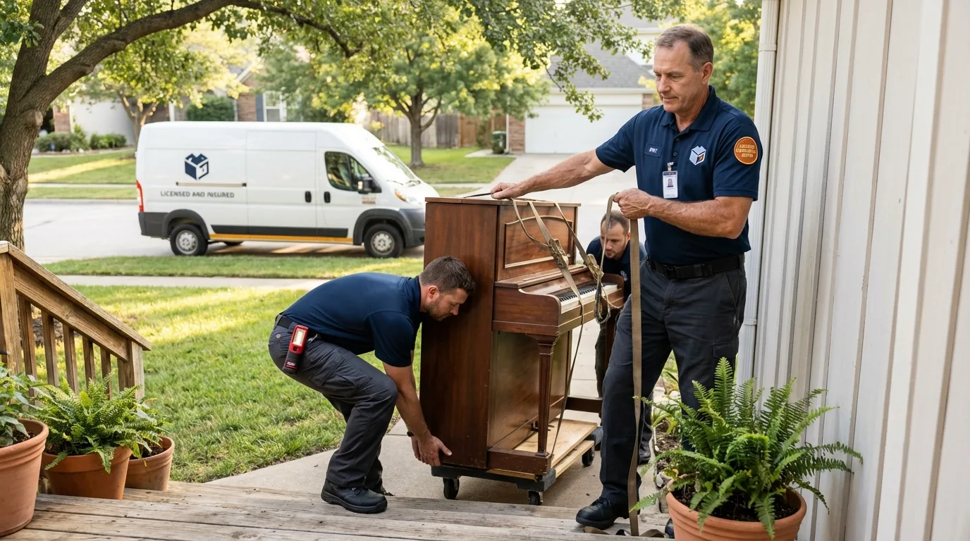 Licensed piano movers securing grand piano in Gloucester City, NJ