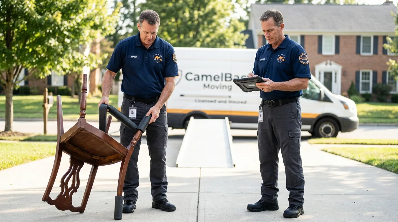 Movers inspecting furniture for damage prevention before loading in Gloucester City, NJ