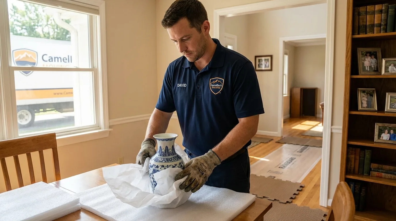Professional crew carefully wrapping antique vase for senior downsizing move in Gloucester City, NJ
